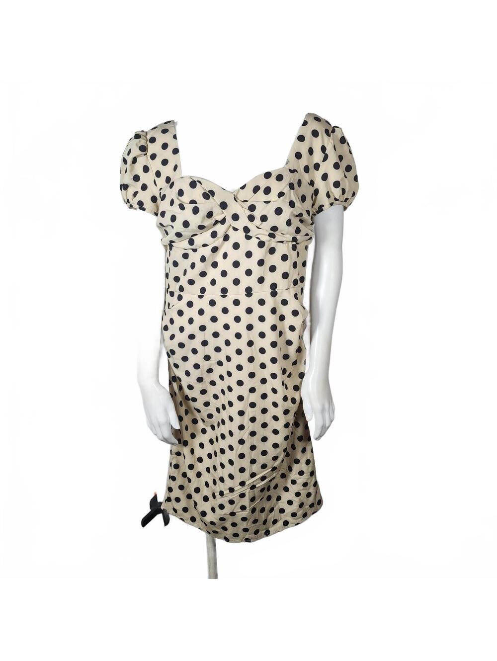 Retro Stage 60's Style Polka Dot Puff Sleeve Dress in Beige and Black, Size 2XL - Picture 4 of 7